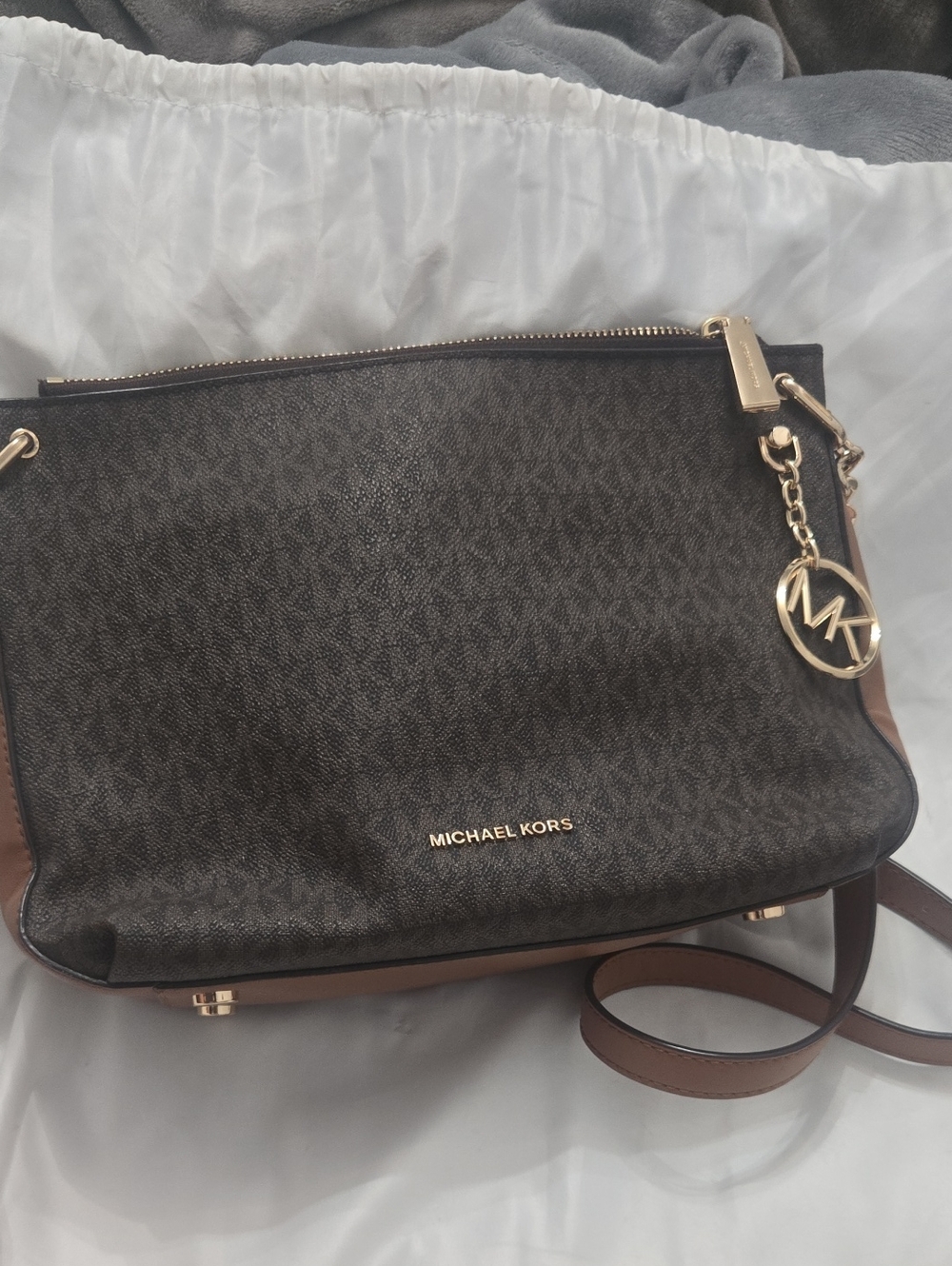 Michael Kors Brown Monogram Crossbody with Gold Hardware